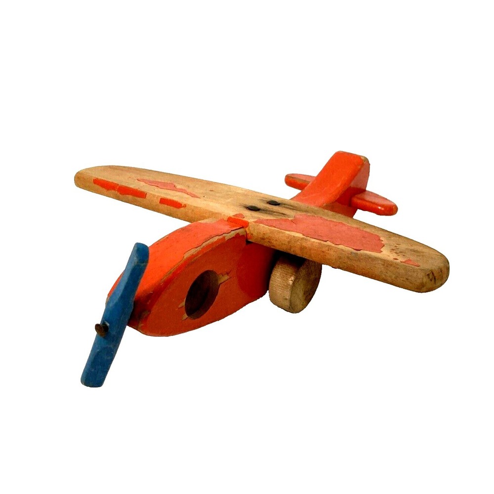 Vtg Wooden Bi-Wing Airplane Toy Model Moving Wheels & Propeller Retro